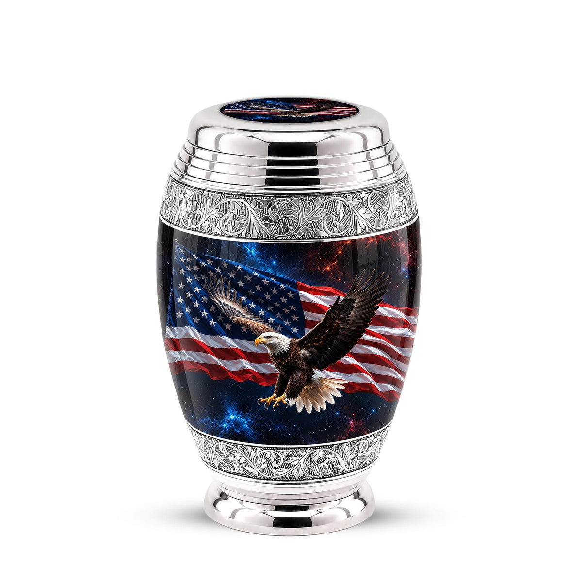 American Flag Eagle Cremation Urn for Ashes - Silver Patriotic Bald Eagle Memorial Urn