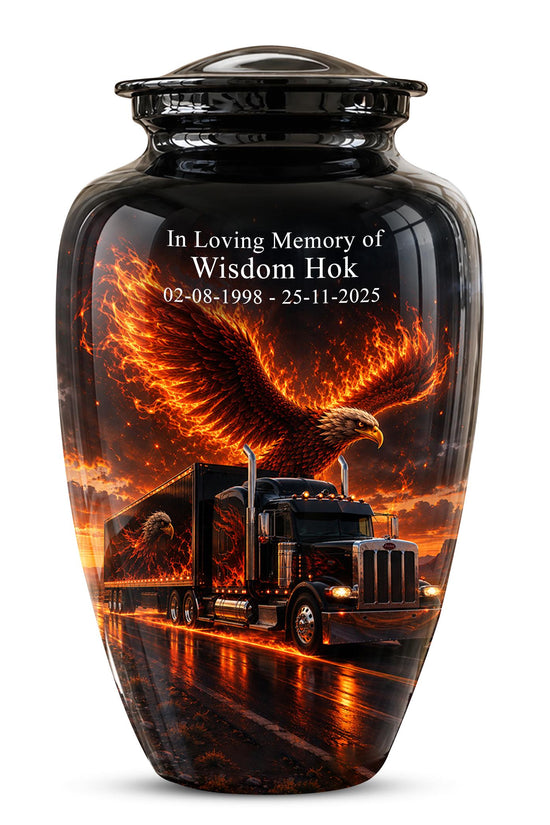 Eagle and Semi Truck Cremation Urn for Ashes - Fiery Bald Eagle Memorial Urn
