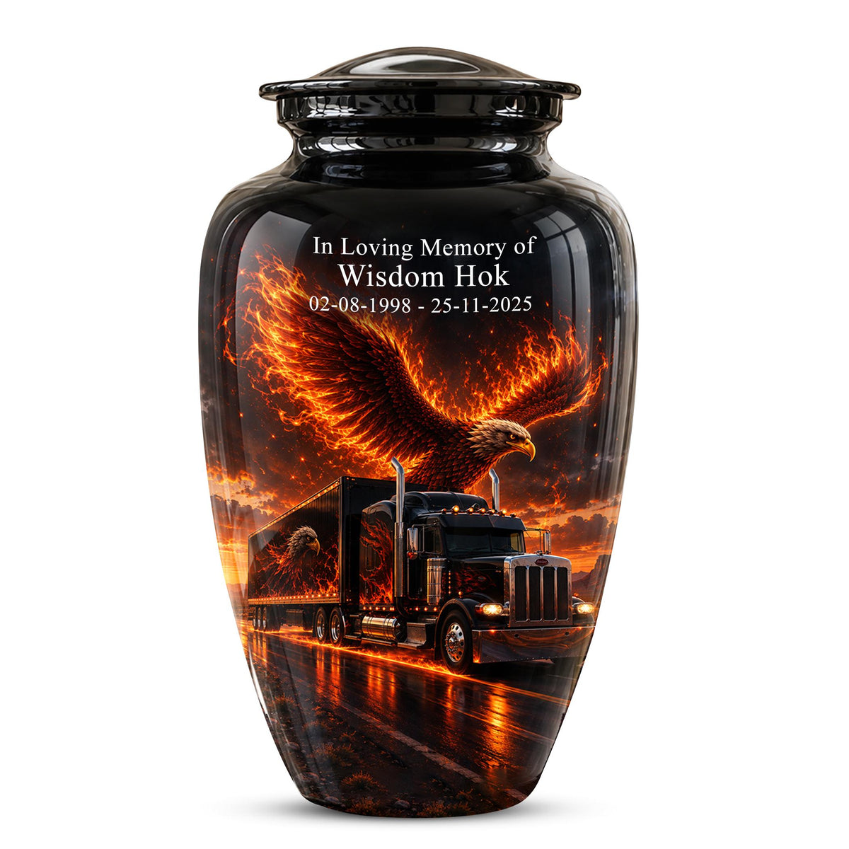 Eagle and Semi Truck Cremation Urn for Ashes - Fiery Bald Eagle Memorial Urn