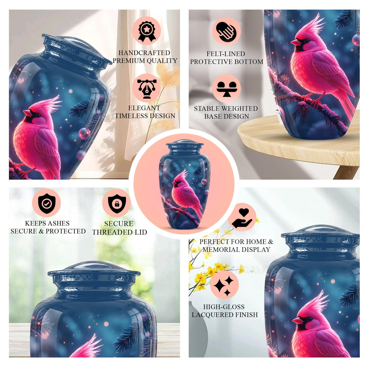 Personalized Pink Cardinal Urn, Memorial Keepsake, Sympathy Tribute