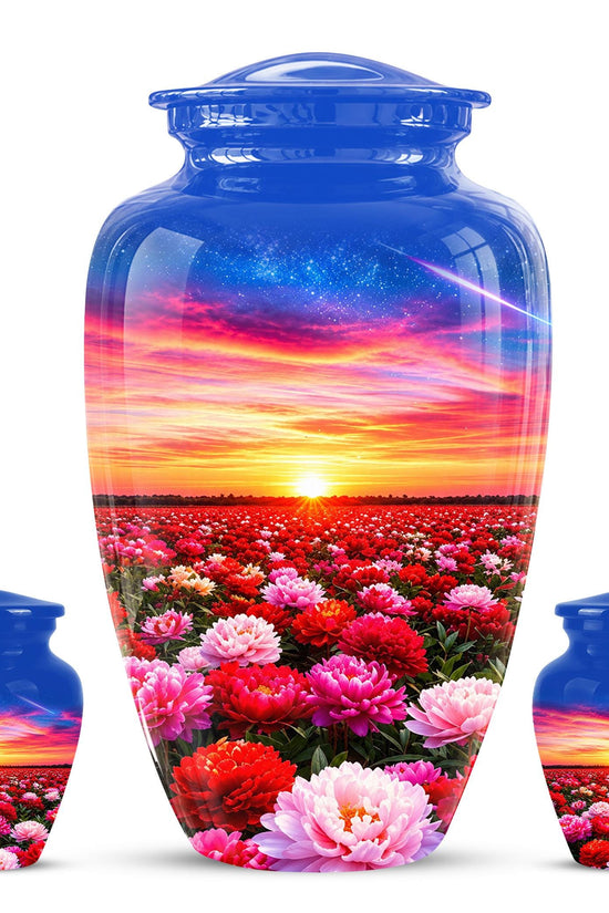 Personalized Floral Sunset Cremation Urn, Metal Memorial Keepsake