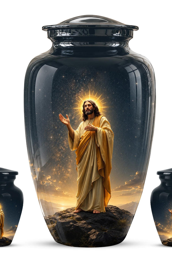 Christian Jesus Cremation Urn, Adult Memorial Keepsake, Glossy Black Finish