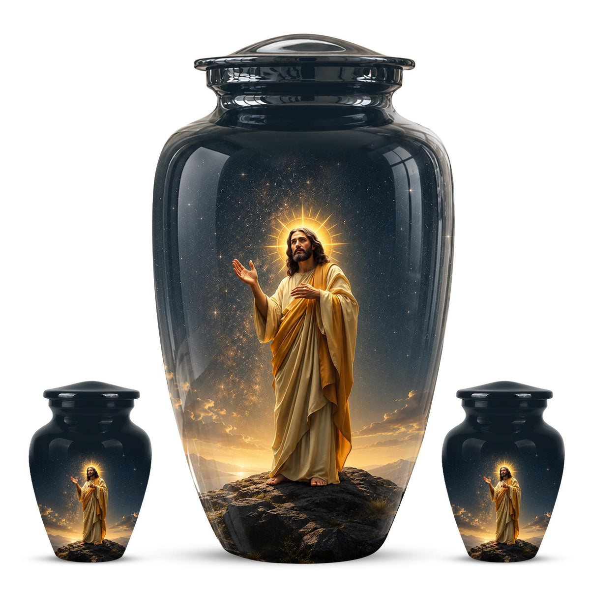 Christian Jesus Cremation Urn, Adult Memorial Keepsake, Glossy Black Finish