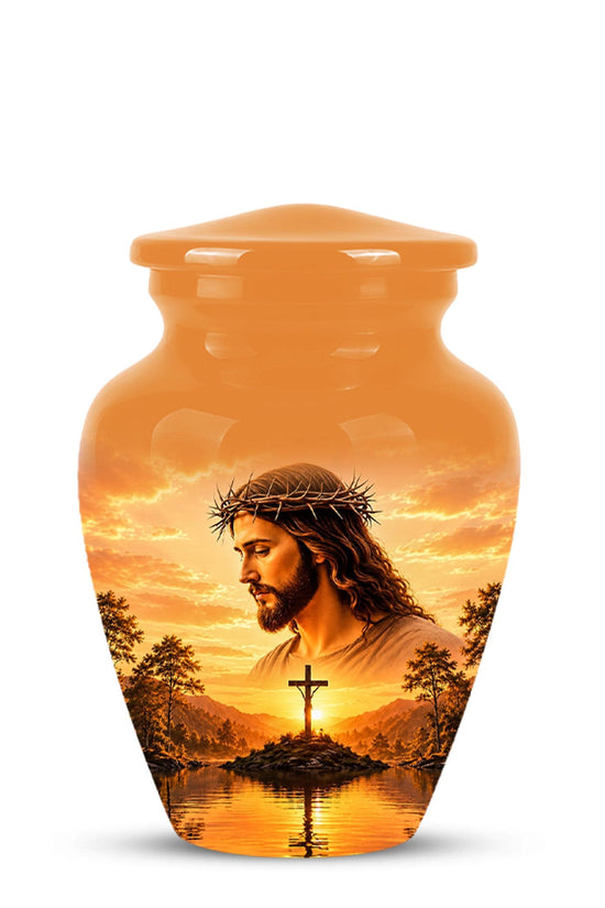 Personalized Jesus Cremation Urn for Ashes, Jesus Christ Sunset Memorial Urn, Christian Cross Tribute Urn, Religious Keepsake Urn Set (200 Cubic)