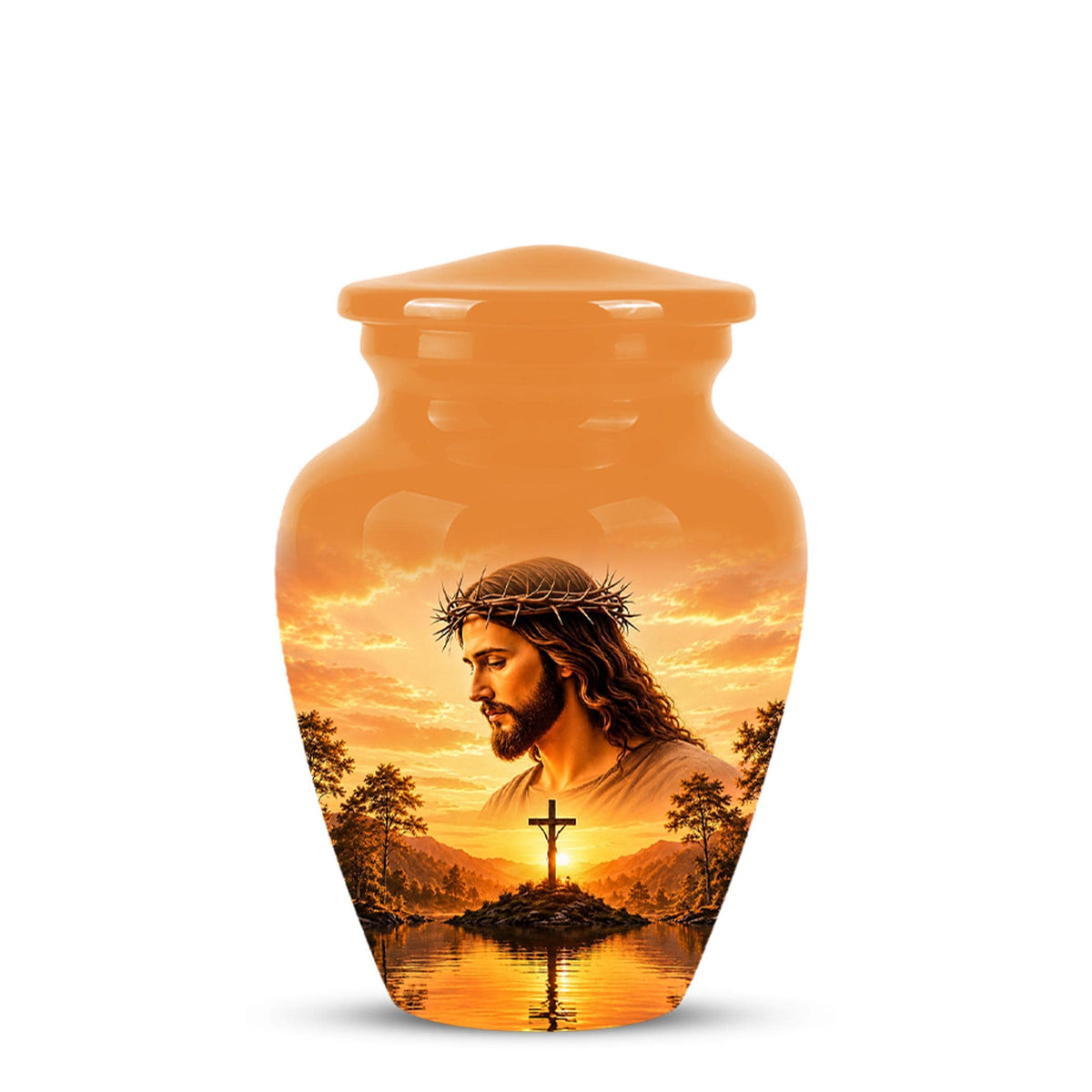 Personalized Jesus Cremation Urn for Ashes, Jesus Christ Sunset Memorial Urn, Christian Cross Tribute Urn, Religious Keepsake Urn Set (200 Cubic)
