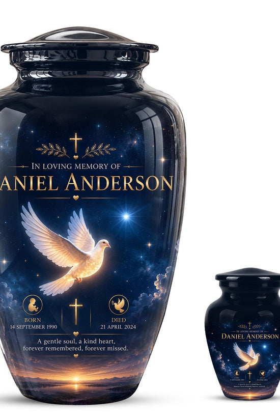 Personalized White Dove Cremation Urn - Christian Memorial Ashes Container (Custom Name & Dates)