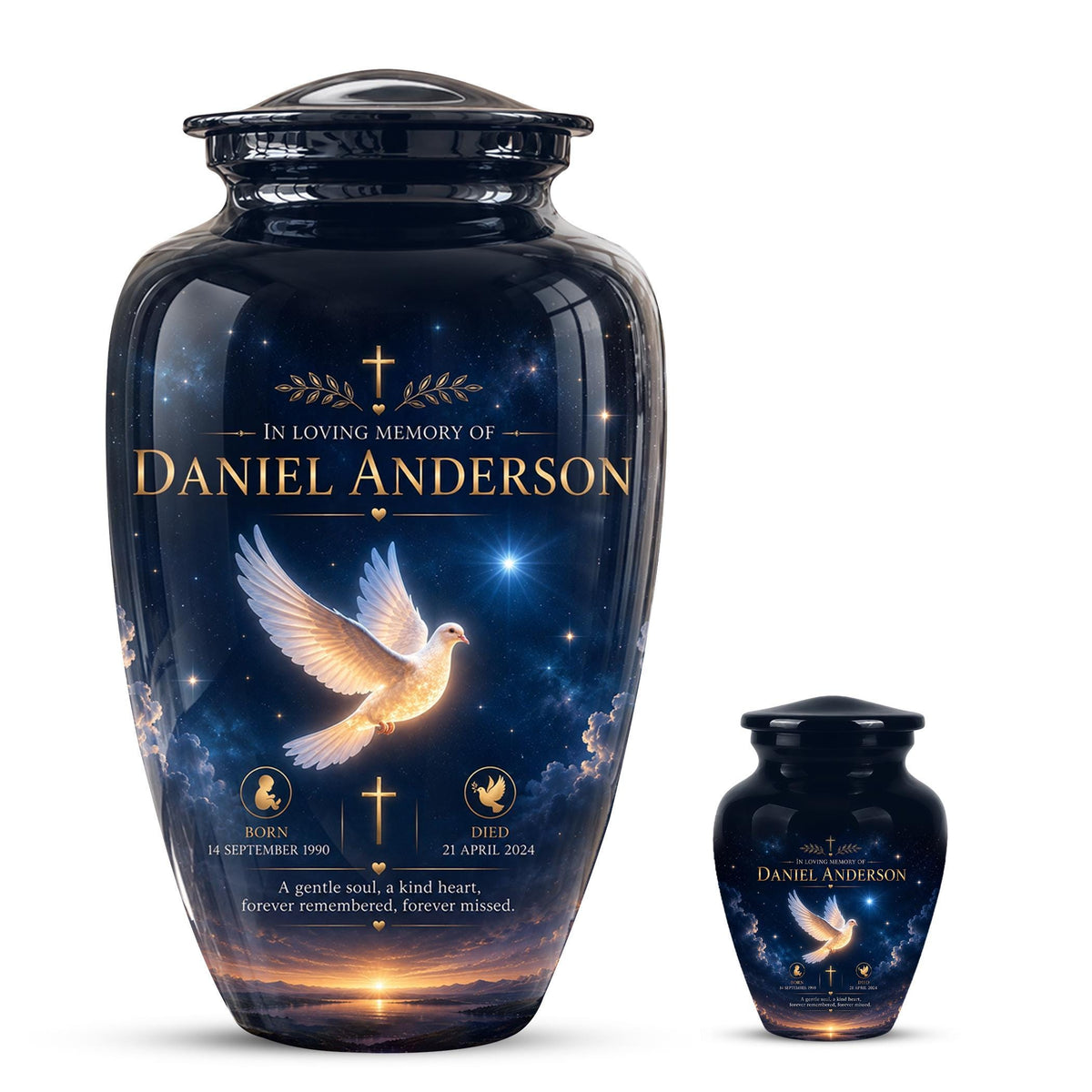 Personalized White Dove Cremation Urn - Christian Memorial Ashes Container (Custom Name & Dates)