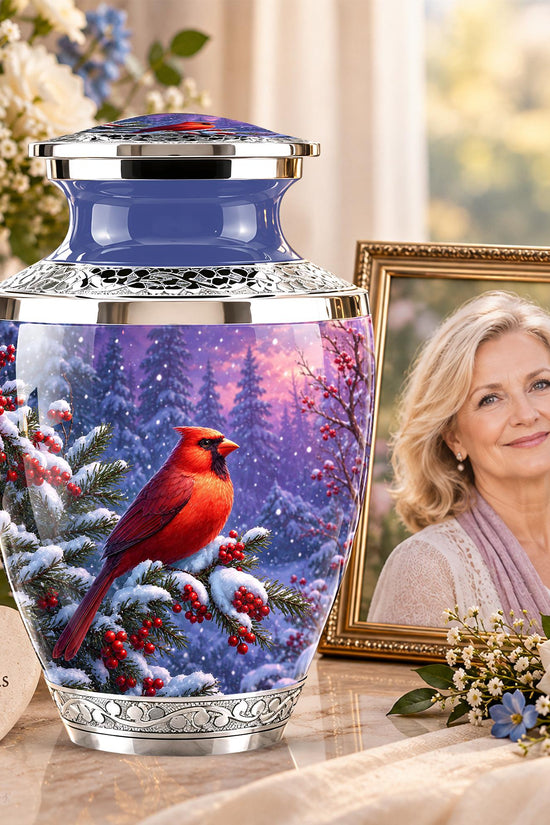 Personalized Cardinal Memorial Urn, Winter Bird Ashes Keepsake (200 Cubic)