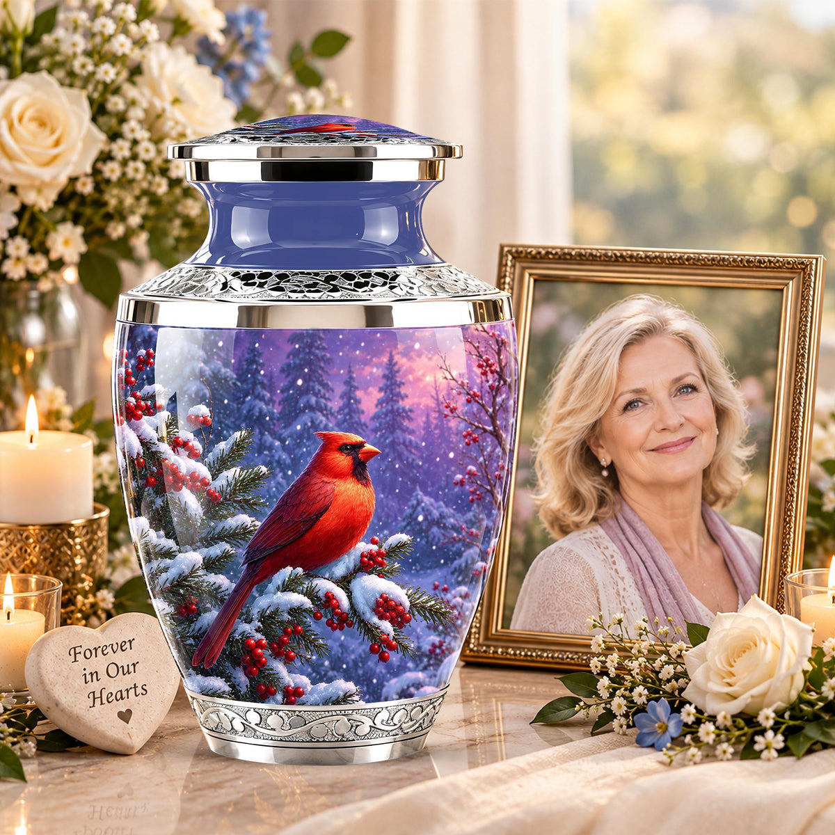 Personalized Cardinal Memorial Urn, Winter Bird Ashes Keepsake (200 Cubic)