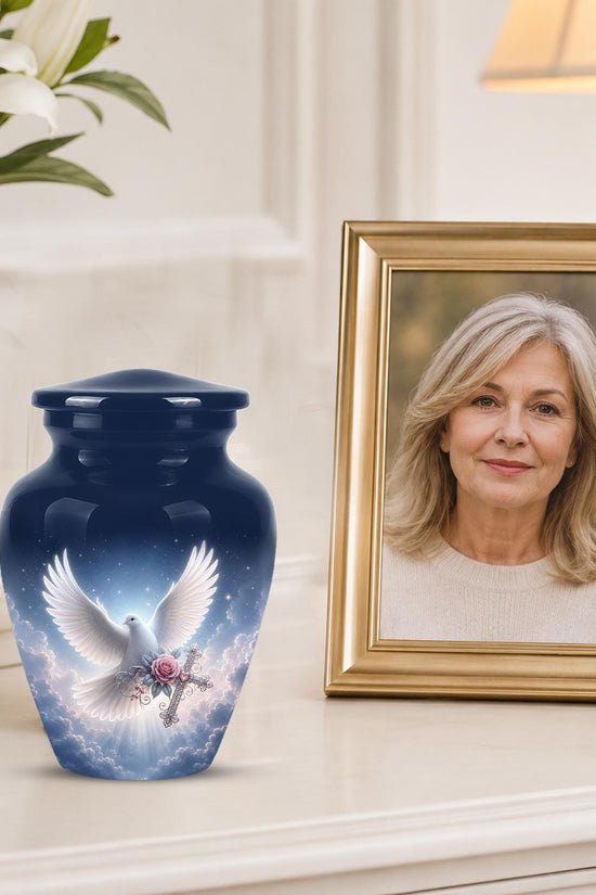 Personalized Dove Cremation Urn for Ashes, White Dove Memorial Urn, Pink Rose Religious Tribute Urn - Heavenly Peace Memorial