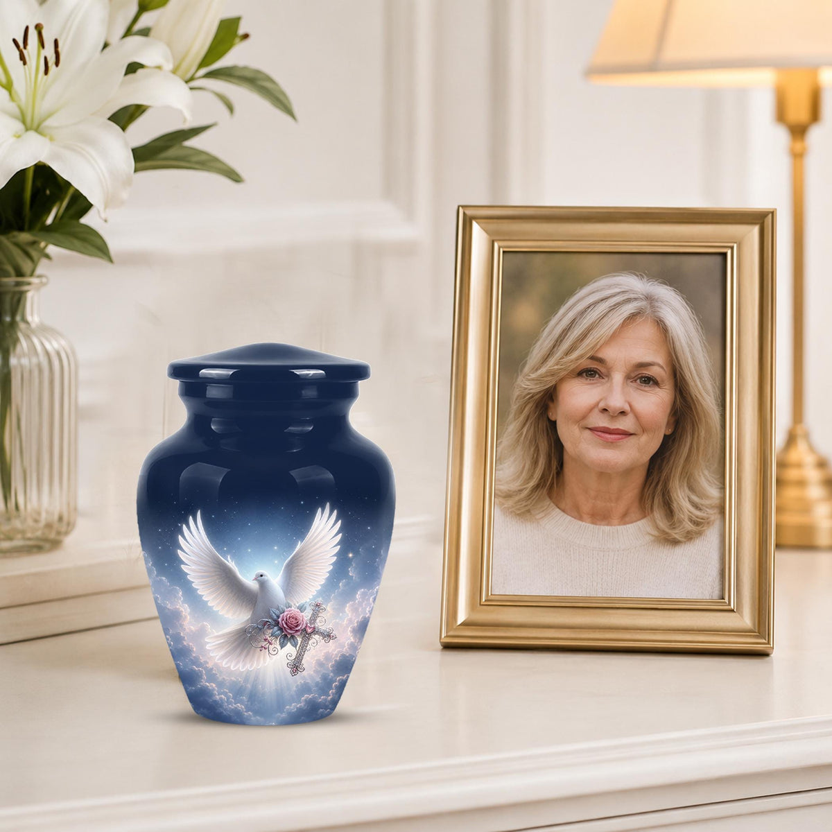 Personalized Dove Cremation Urn for Ashes, White Dove Memorial Urn, Pink Rose Religious Tribute Urn - Heavenly Peace Memorial