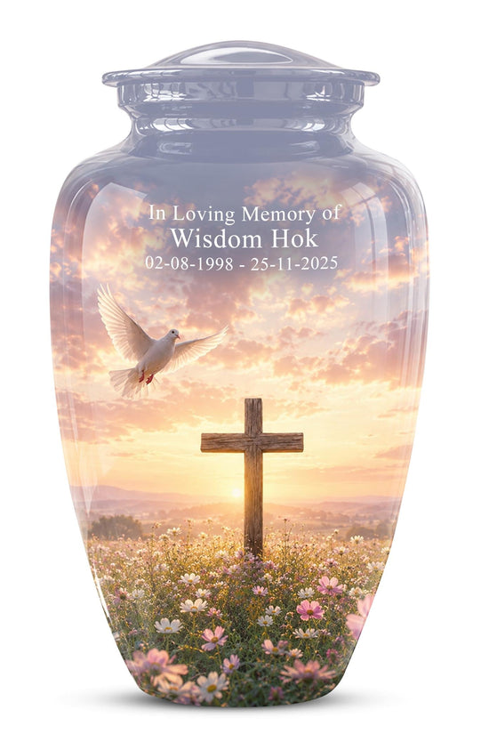Personalized Christian Cross Urn | Dove, Sunrise, Wildflowers Memorial Keepsake