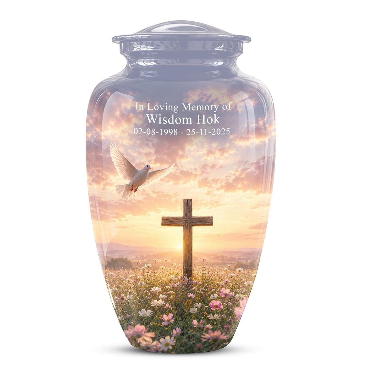 Personalized Christian Cross Urn | Dove, Sunrise, Wildflowers Memorial Keepsake