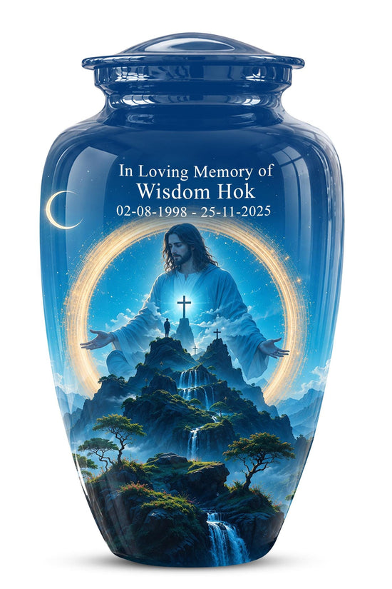 Personalized Jesus Cremation Urn for Ashes, Jesus Christ Mountain Memorial Urn - Christian Religious Tribute Urn, Heavenly Faith Memorial