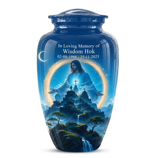 Personalized Jesus Cremation Urn for Ashes, Jesus Christ Mountain Memorial Urn - Christian Religious Tribute Urn, Heavenly Faith Memorial