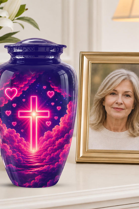 Christian Cremation Urn, Glowing Cross Memorial, Adult Ashes Urn, Religious Funeral Keepsake