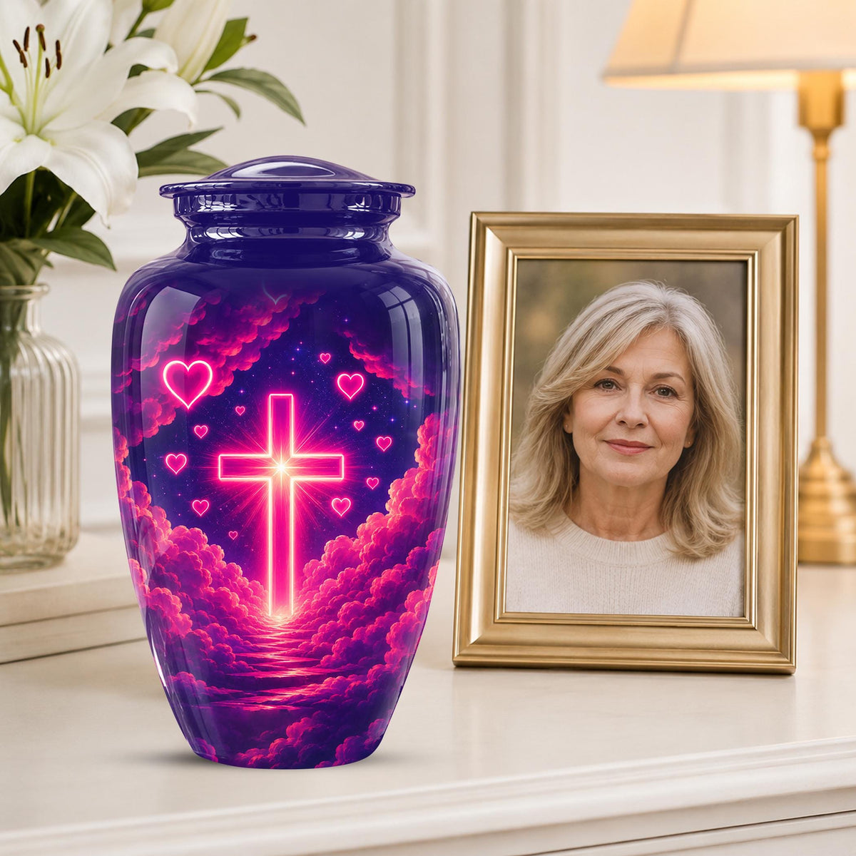 Christian Cremation Urn, Glowing Cross Memorial, Adult Ashes Urn, Religious Funeral Keepsake
