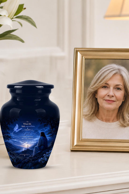 Personalized Jesus Cremation Urn for Ashes, Christian Memorial Urn - In Loving Memory Religious Tribute