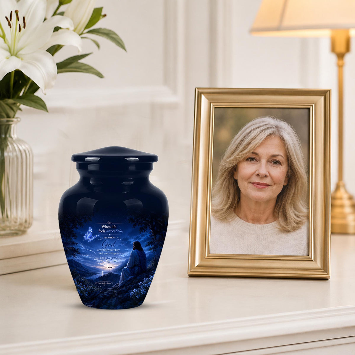 Personalized Jesus Cremation Urn for Ashes, Christian Memorial Urn - In Loving Memory Religious Tribute