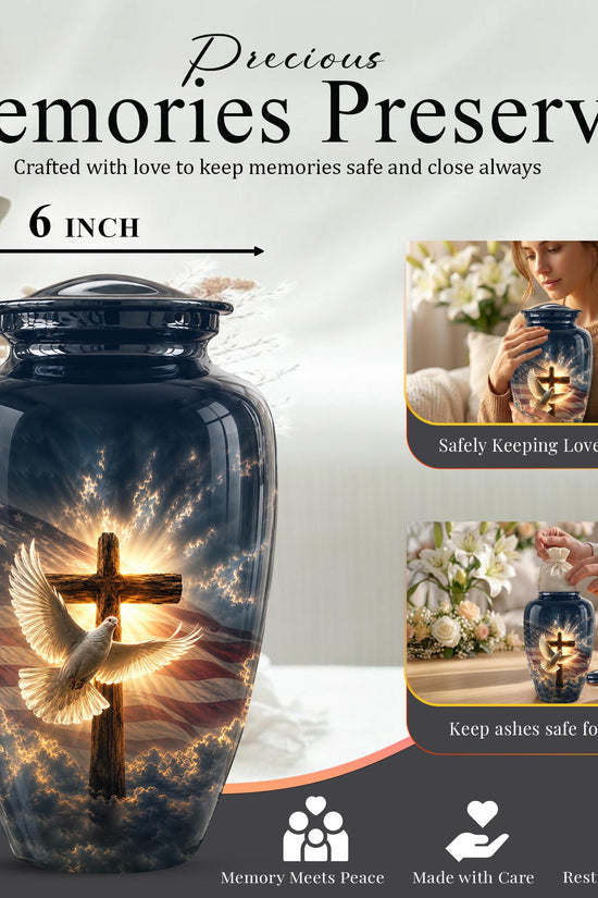 Personalized Christian Cremation Urn, American Flag Cross Memorial Keepsake