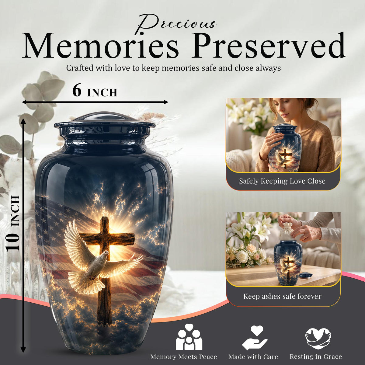 Personalized Christian Cremation Urn, American Flag Cross Memorial Keepsake