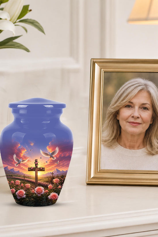 Faith Memorial Ashes Keepsake - Cross Dove Sunset Art