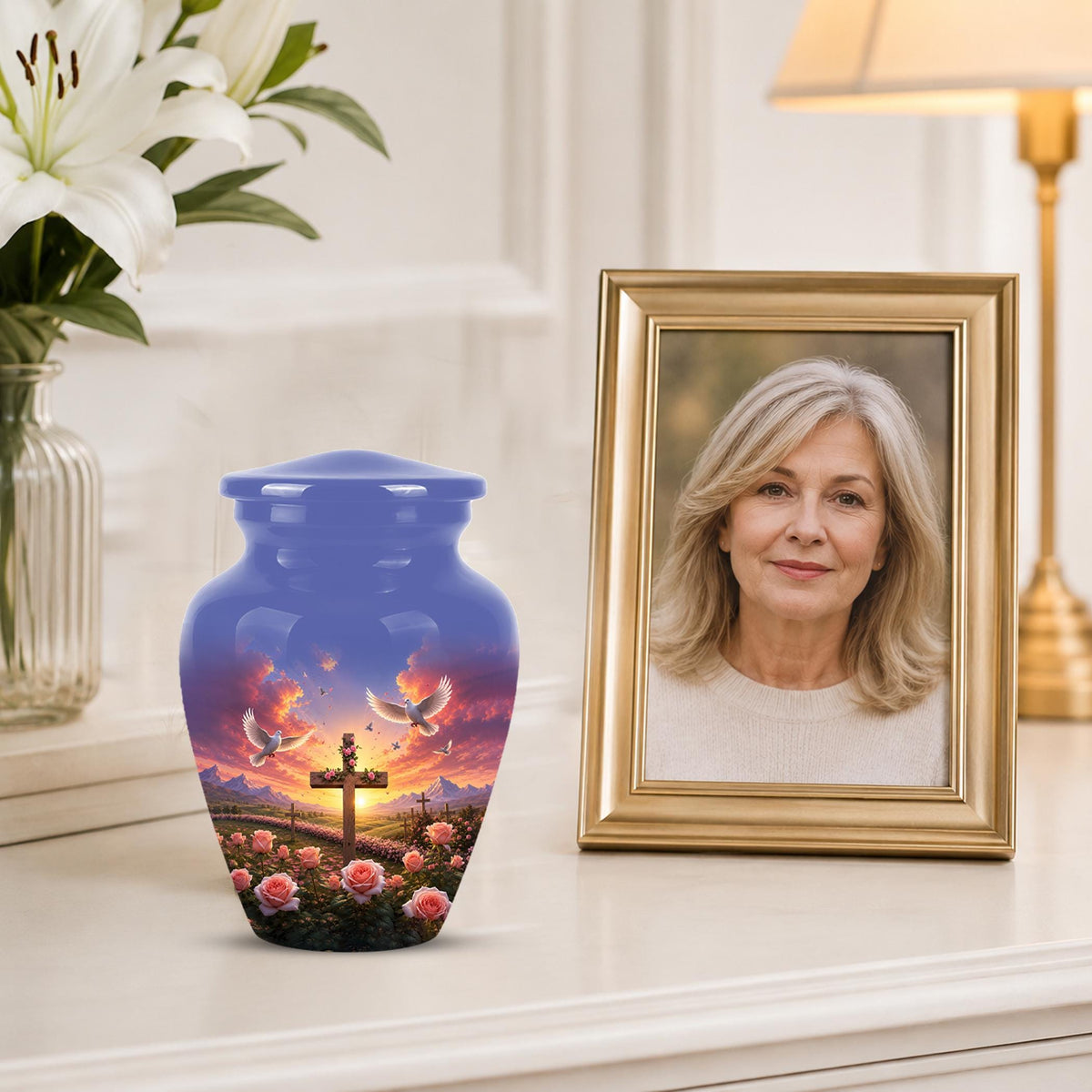Faith Memorial Ashes Keepsake - Cross Dove Sunset Art