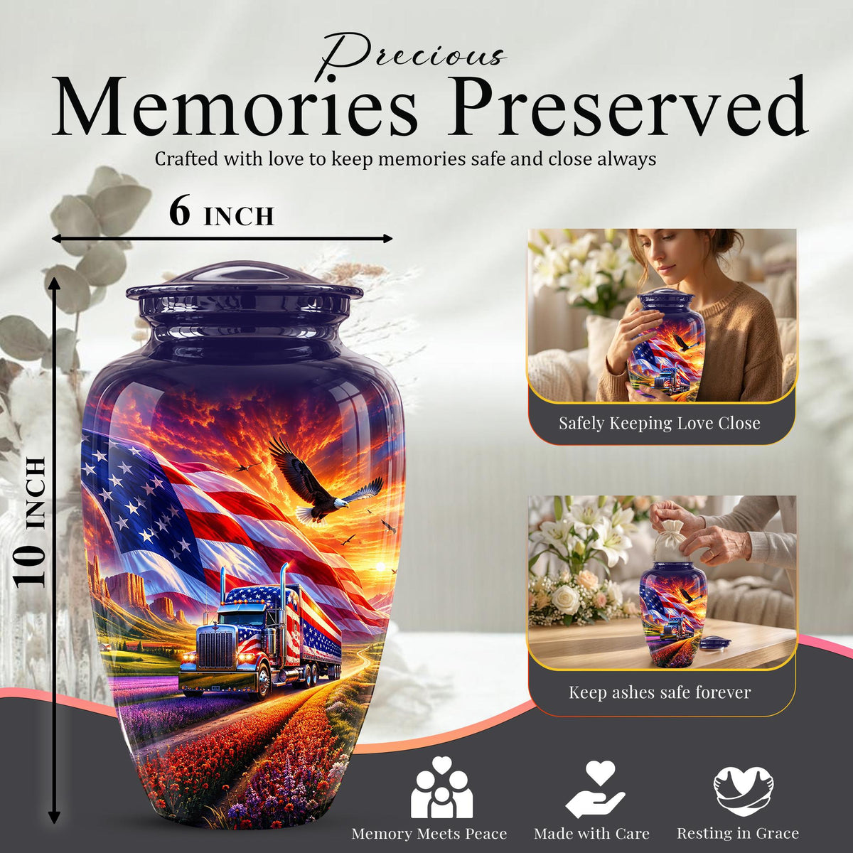 American Flag Truck Cremation Urn for Ashes - Patriotic Eagle Memorial Urn