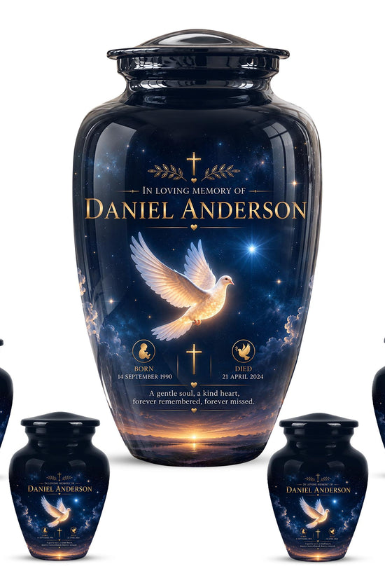 Personalized White Dove Cremation Urn - Christian Memorial Ashes Container (Custom Name & Dates)
