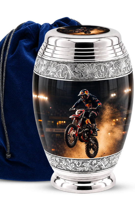 Personalized Motocross Rider Cremation Urn, Glossy Black Finish, Memorial Keepsake