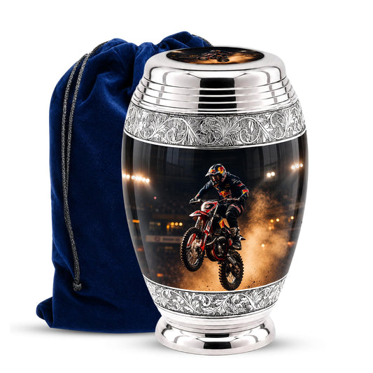Personalized Motocross Rider Cremation Urn, Glossy Black Finish, Memorial Keepsake