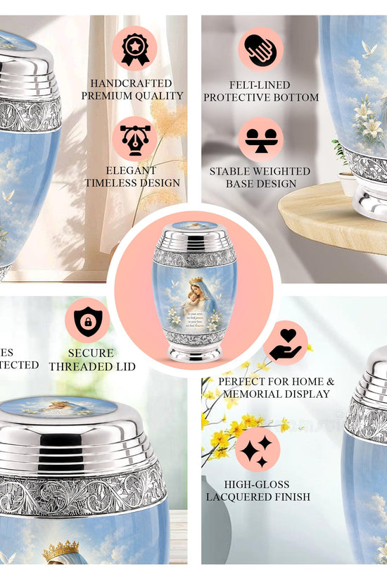 Personalized Virgin Mary Cremation Urn for Ashes - Mother and Child Catholic Memorial Urn, Mary and Jesus Religious Tribute