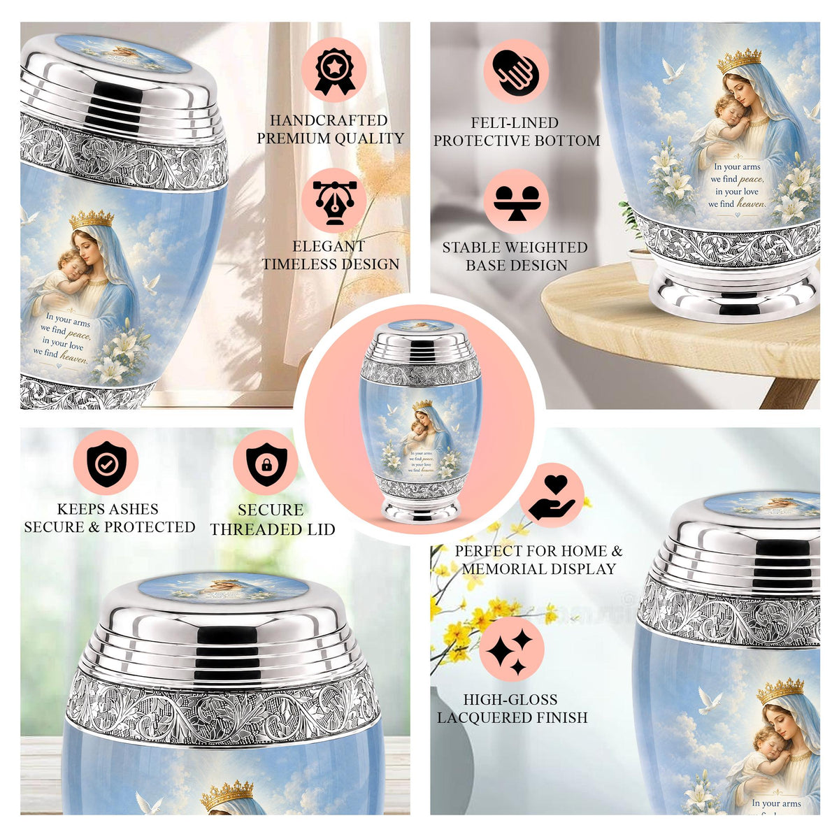 Personalized Virgin Mary Cremation Urn for Ashes - Mother and Child Catholic Memorial Urn, Mary and Jesus Religious Tribute