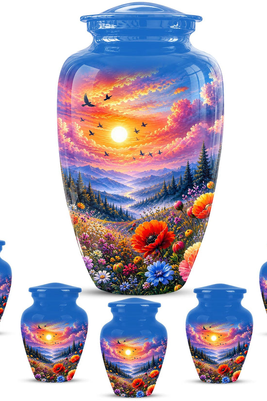 Personalized Wildflower Mountain Sunset Cremation Urn, Nature Memorial Keepsake (200 Cubic)