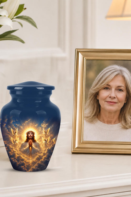 Personalized Jesus Cremation Urn for Ashes, Jesus Christ Prayer Memorial Urn, Golden Halo Christian Tribute, Heavenly Religious Urn (200 Cubic)