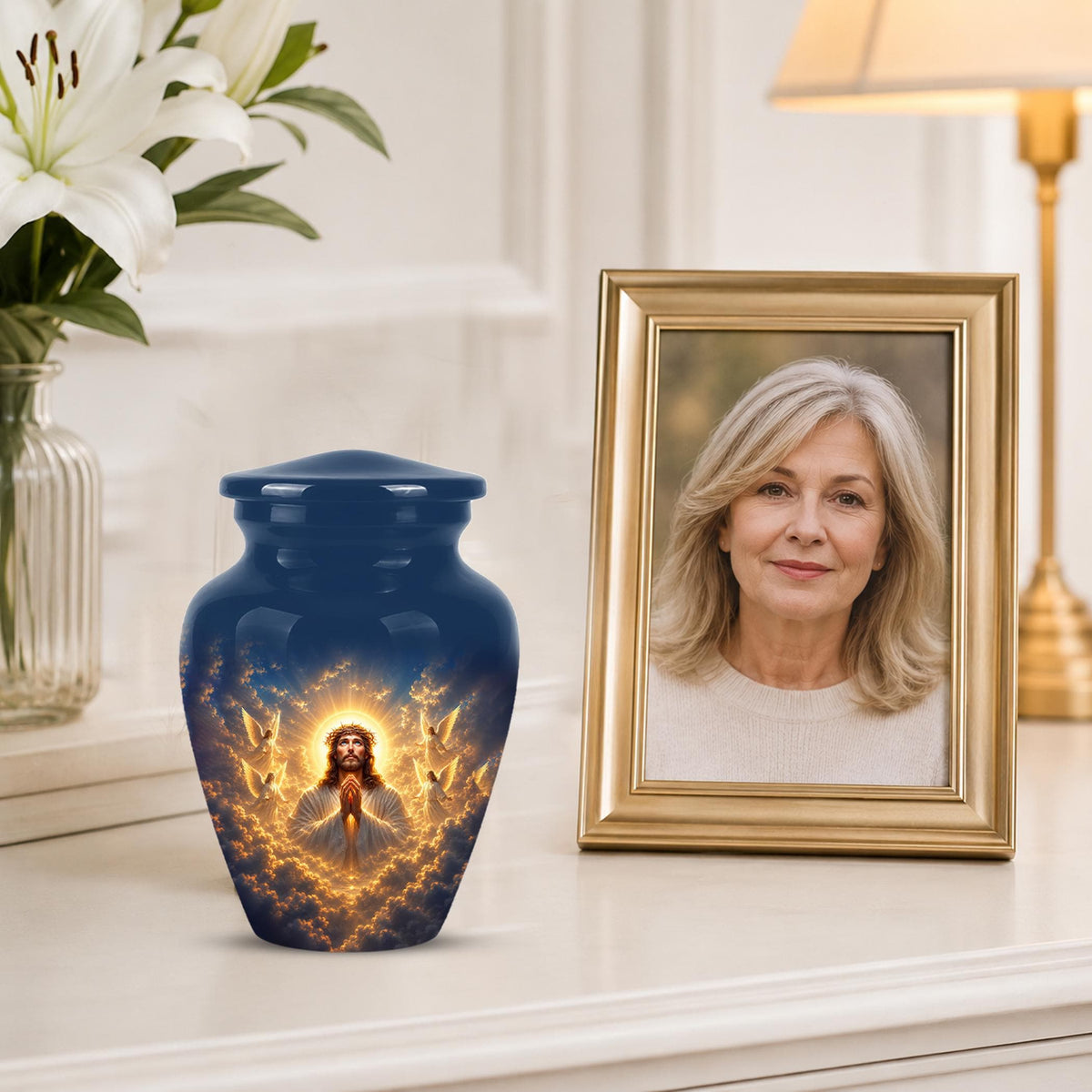 Personalized Jesus Cremation Urn for Ashes, Jesus Christ Prayer Memorial Urn, Golden Halo Christian Tribute, Heavenly Religious Urn (200 Cubic)