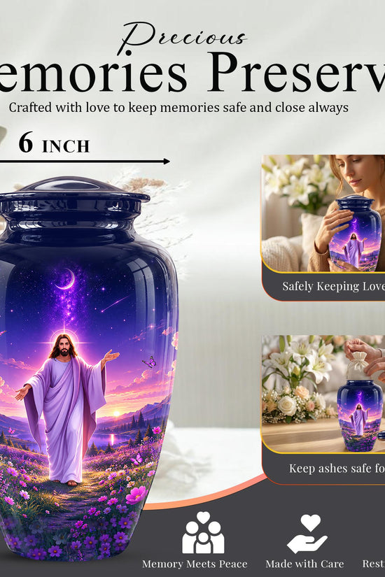 Personalized Jesus Cremation Urn for Ashes, Jesus Christ Purple Floral Memorial Urn, Christian Sunset Tribute, Heavenly Religious Urn (200 Cubic)