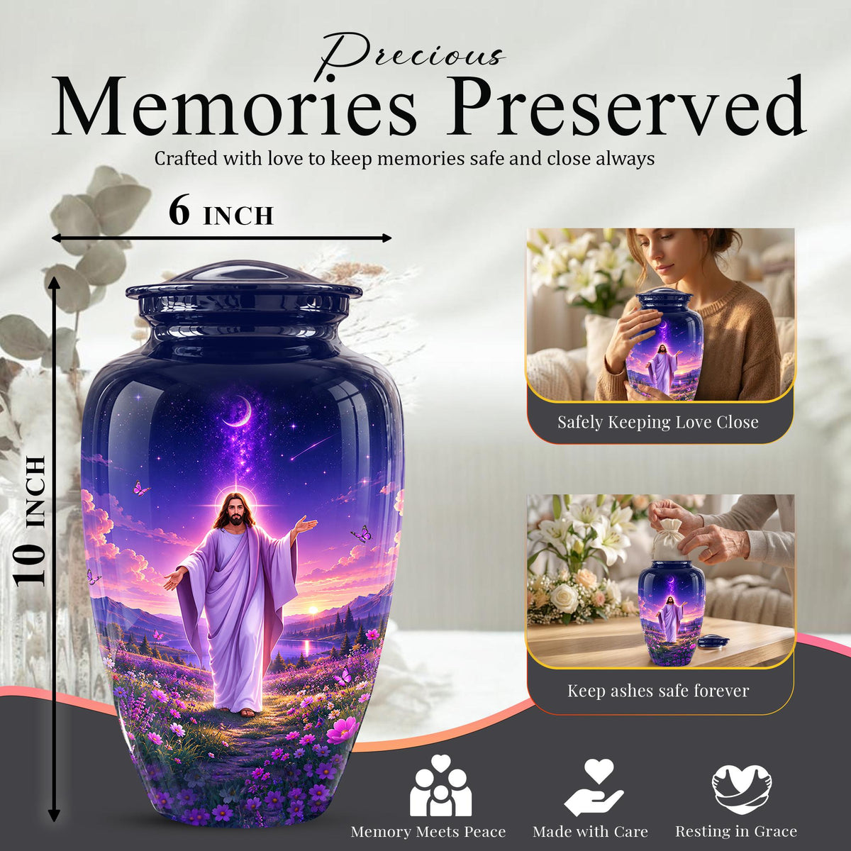 Personalized Jesus Cremation Urn for Ashes, Jesus Christ Purple Floral Memorial Urn, Christian Sunset Tribute, Heavenly Religious Urn (200 Cubic)