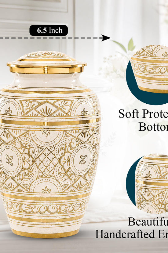 Ivory and Gold Brass Cremation Urn for Ashes - White Ornamental Memorial Urn