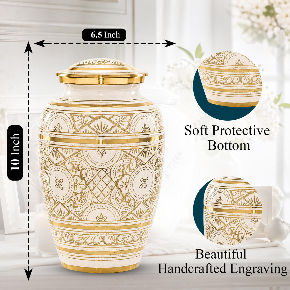 Ivory and Gold Brass Cremation Urn for Ashes - White Ornamental Memorial Urn