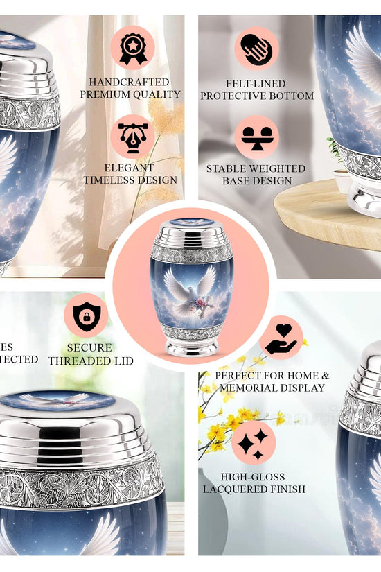 Personalized Christian Cremation Urn - Dove with Wings, Rose, Cross (Silver Tone)