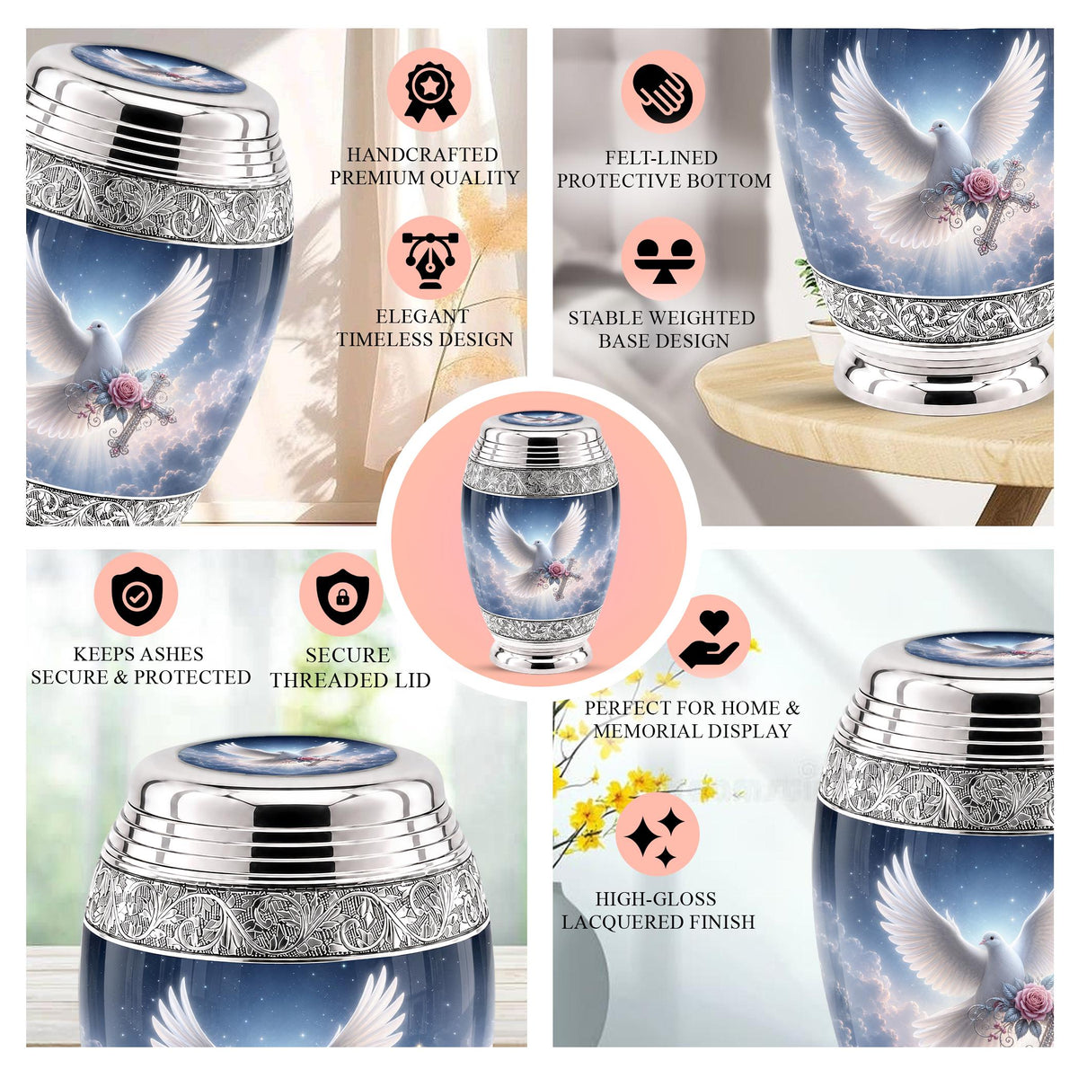 Personalized Christian Cremation Urn - Dove with Wings, Rose, Cross (Silver Tone)