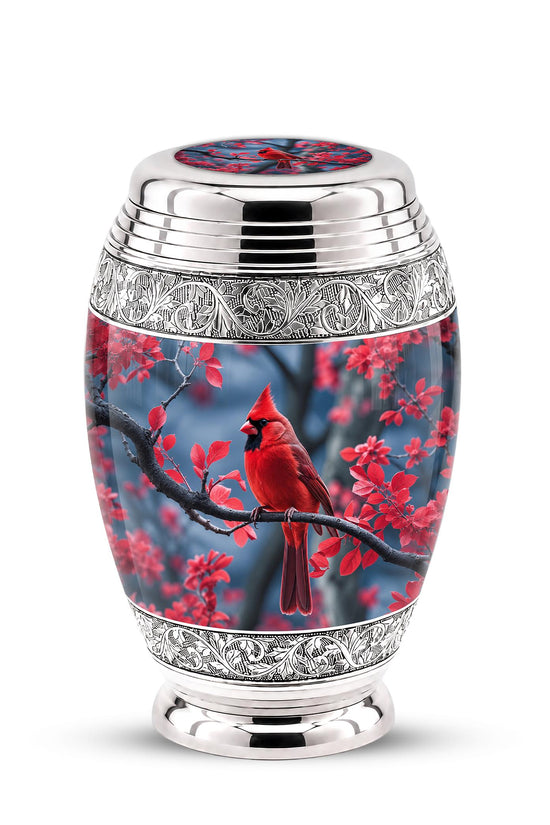 Personalized Red Cardinal Cremation Urn, Silver-Tone Memorial Ashes Container (Custom Engraving)