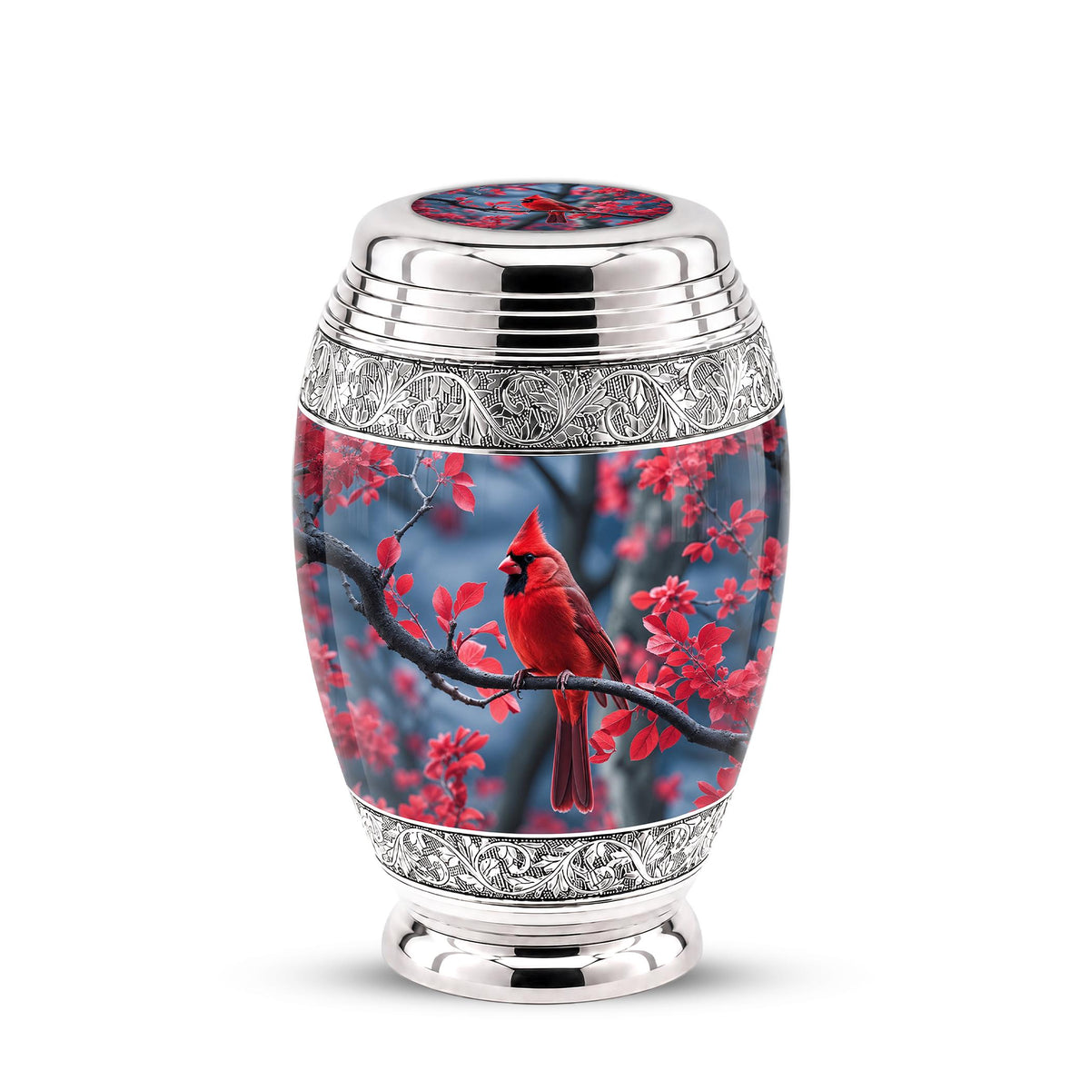 Personalized Red Cardinal Cremation Urn, Silver-Tone Memorial Ashes Container (Custom Engraving)