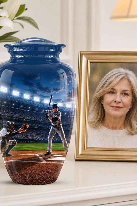 Baseball Cremation Urn for Ashes - Baseball Player and Catcher Memorial Urn