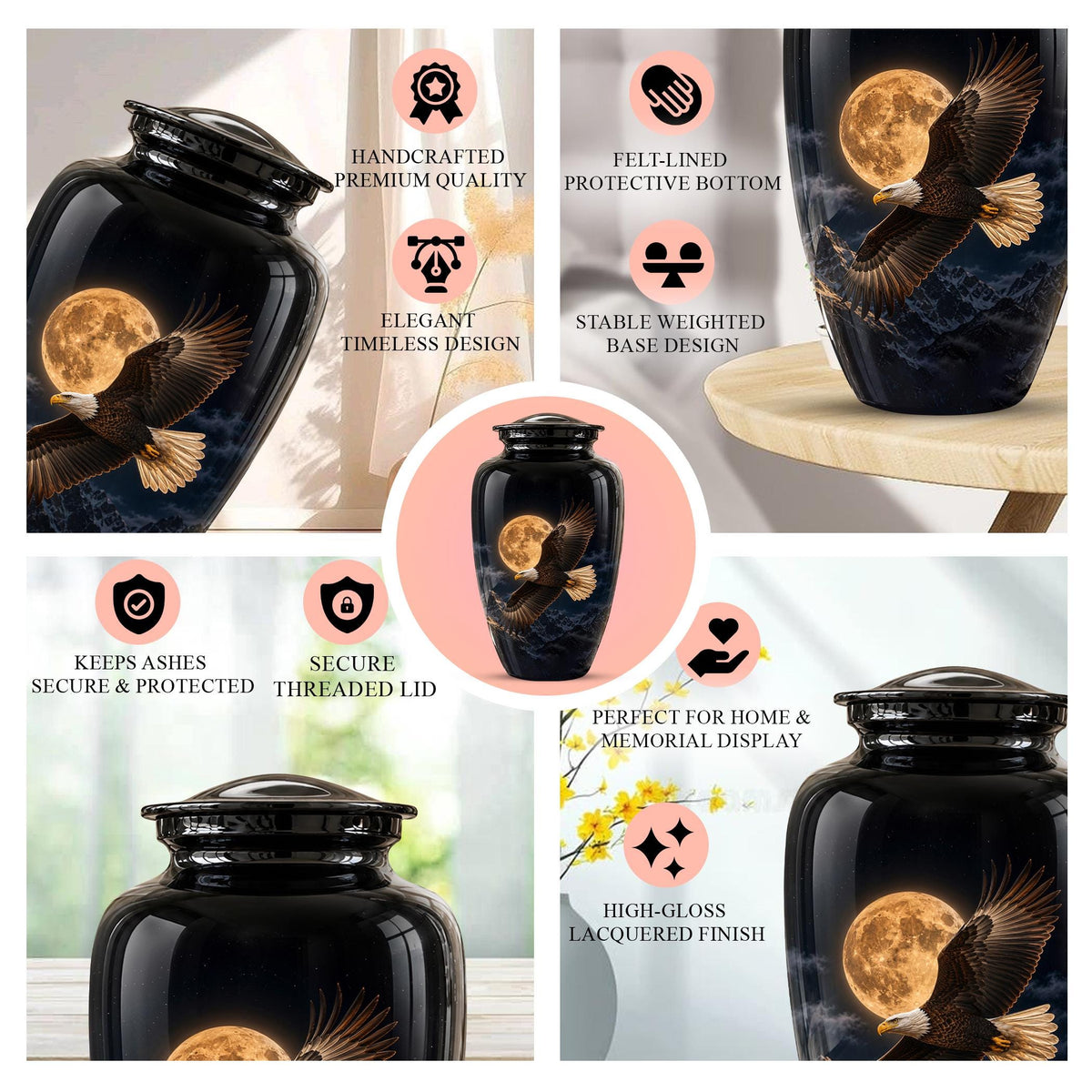 Bald Eagle Cremation Urn for Ashes - Golden Full Moon Mountain Memorial Urn