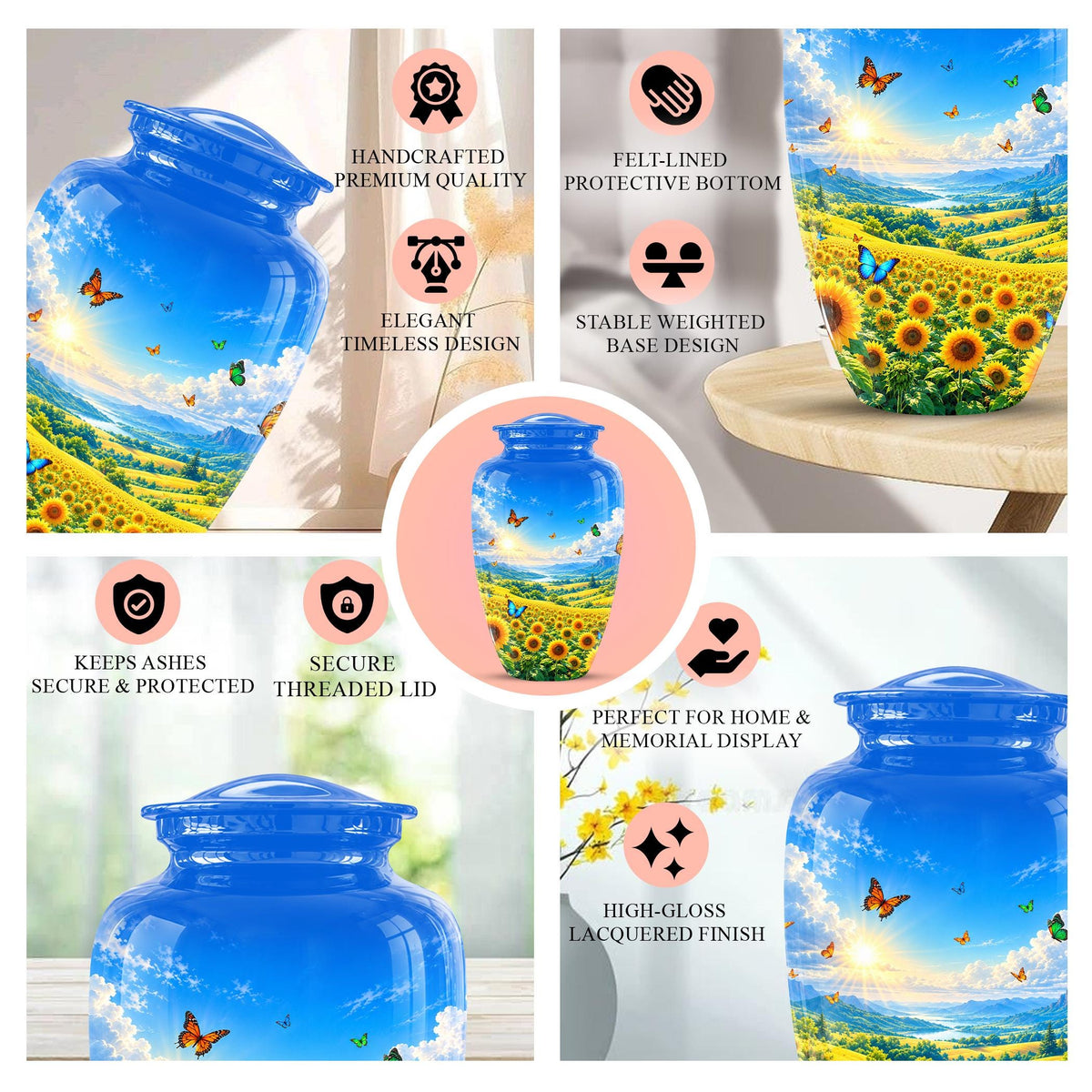 Butterfly and Sunflower Cremation Urn for Ashes - Blue Sky Floral Memorial Urn