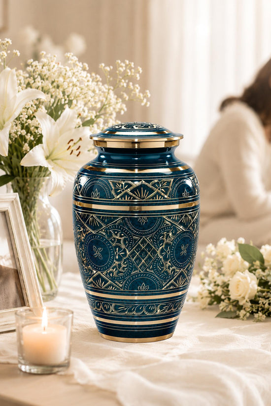Teal and Gold Brass Cremation Urn for Ashes - Dark Green Ornamental Memorial Urn