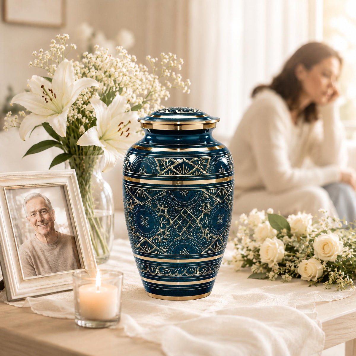 Teal and Gold Brass Cremation Urn for Ashes - Dark Green Ornamental Memorial Urn