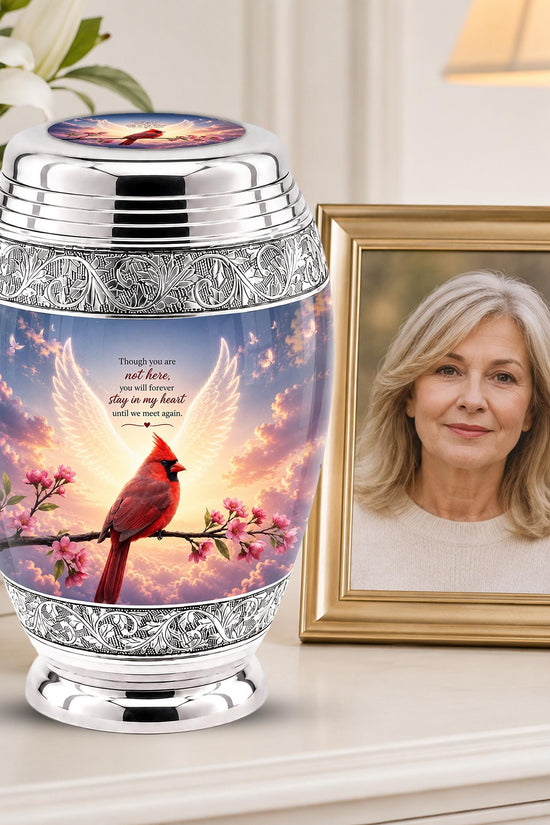 Personalized Cardinal Cremation Urn, Angel Wings - Pink Blossoms, Silver Tone (Custom Engraving)